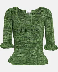 Ganni Pullover in maglia a coste con volant Verde