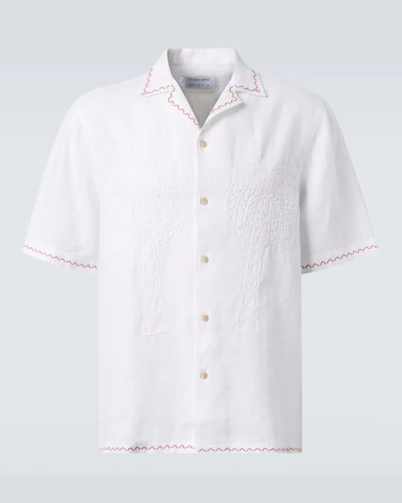 Frescobol Carioca Camicia bowling Flavio in lino con ricamo Bianco