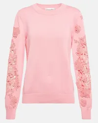 Oscar de la Renta Pullover in cotone con pizzo Rosa