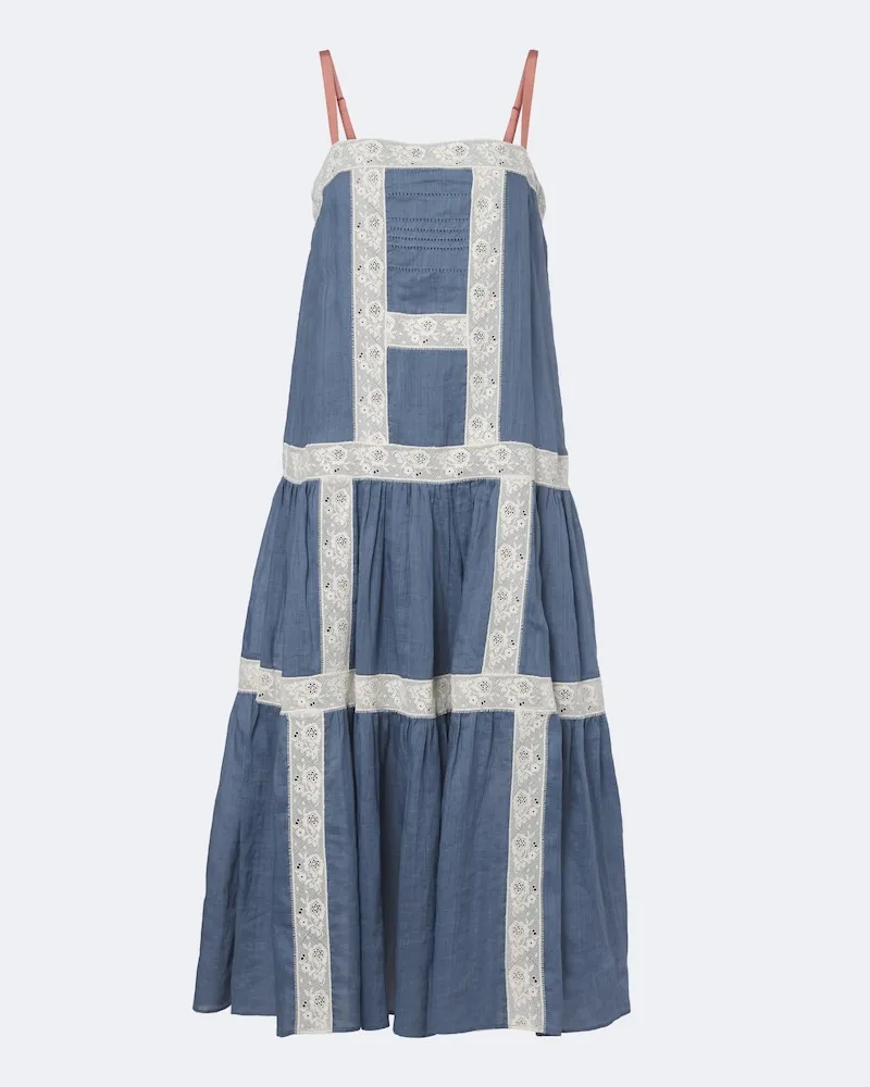 Veronica Beard Abito lungo Mazarine in ramiè con pizzo Blu