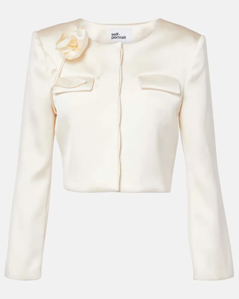 Self-Portrait Blazer Cream 3D Flower in raso Bianco