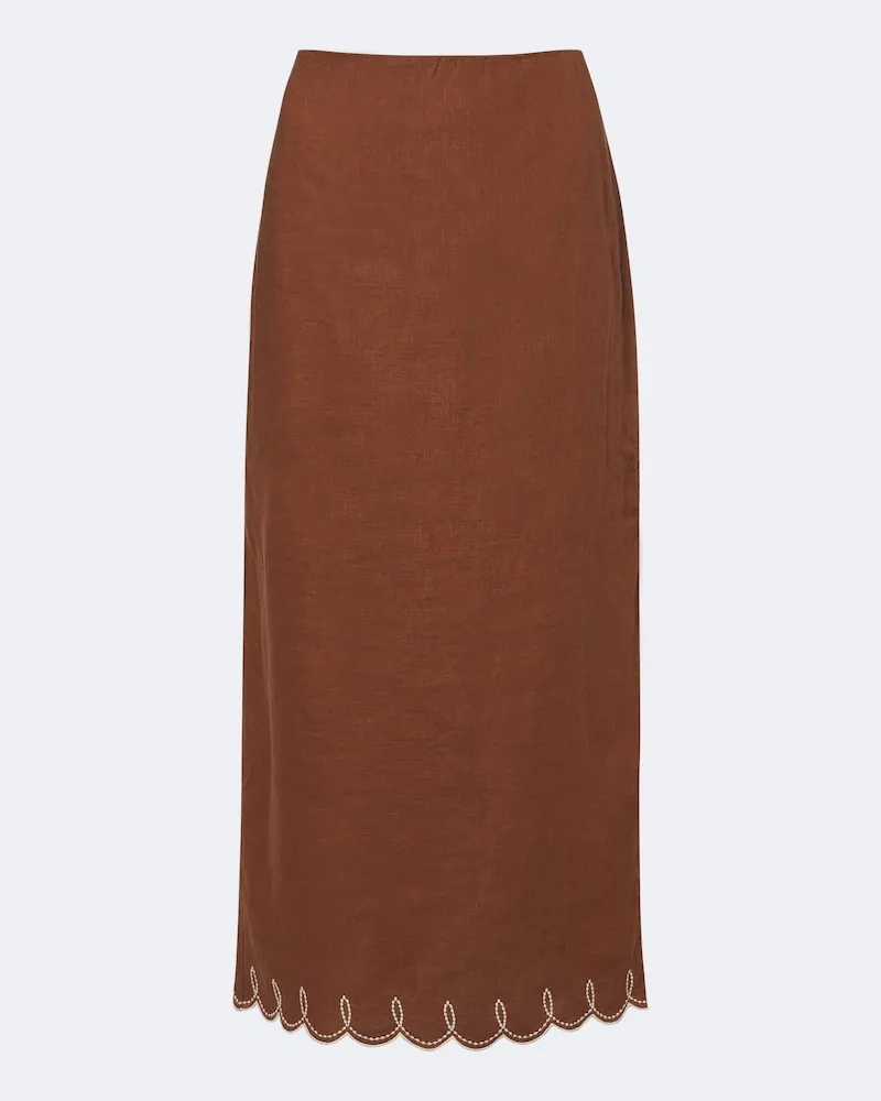 Veronica Beard Gonna midi Malou in lino con ricamo Marrone