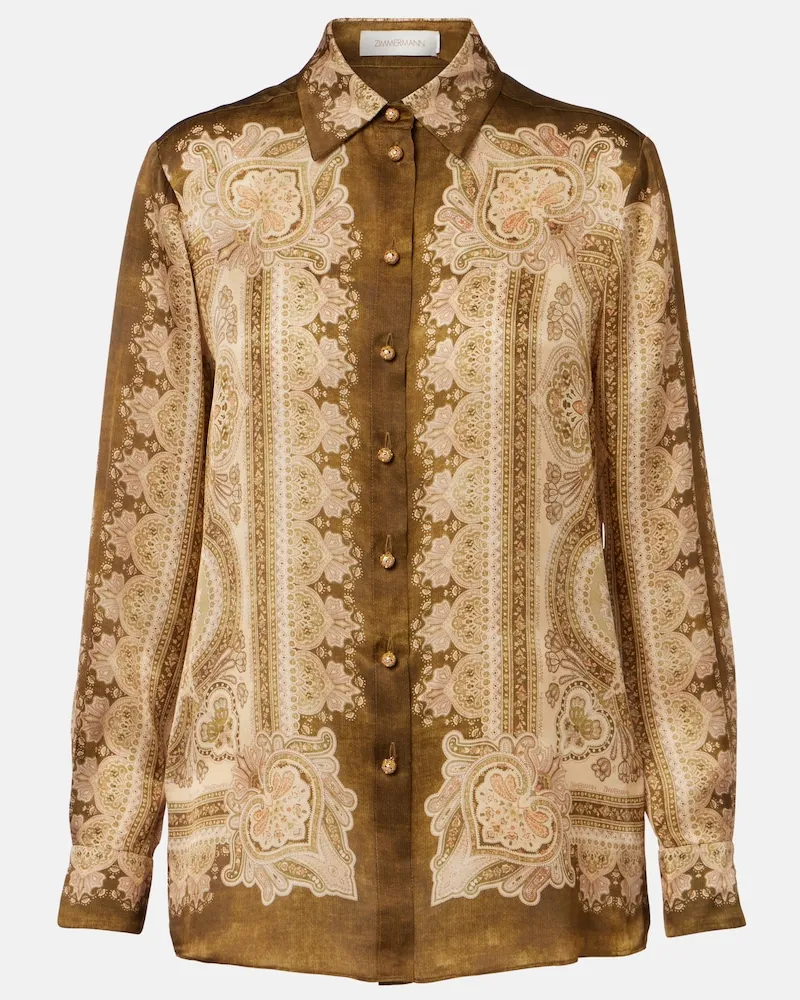 Zimmermann Camicia Luna in raso di seta con stampa Marrone
