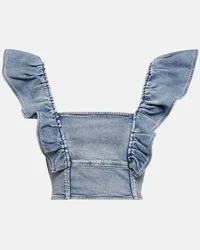 Ganni Top cropped di jeans con ruches Blu