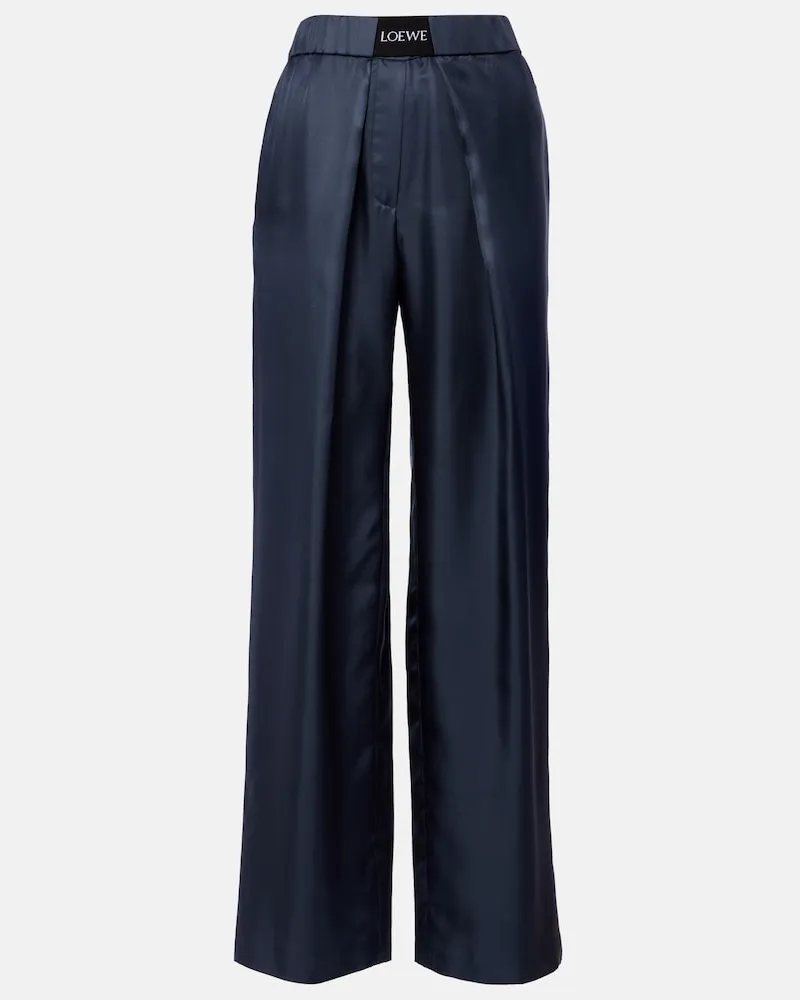 Loewe Pantaloni a gamba larga in seta con logo Grigio
