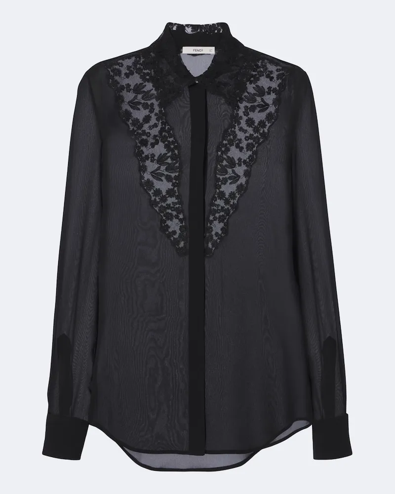 Fendi Camicia in georgette di seta con pizzo Nero