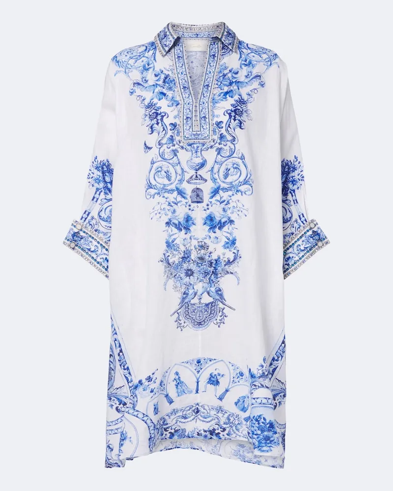 Camilla Caftano in lino floreale con cristalli Blu