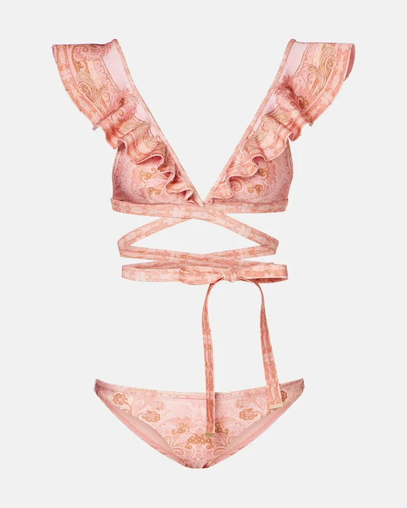 Zimmermann Bikini Como con stampa e volant Rosa