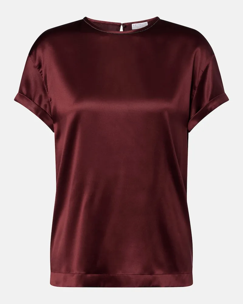Brunello Cucinelli T-shirt in satin di misto seta con monili Borgogna