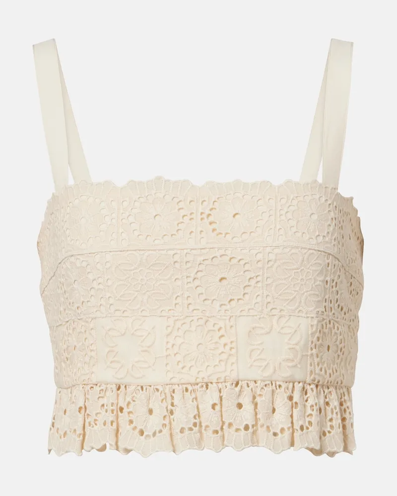 Elie Saab Top cropped in cotone e seta con pizzo Bianco