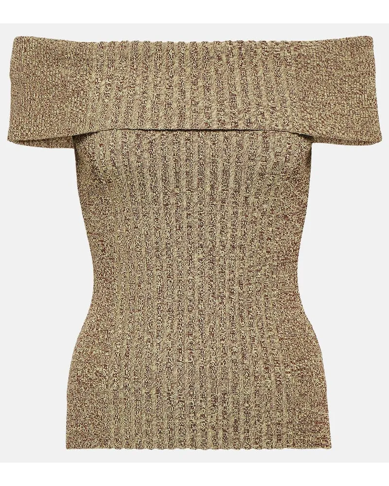 Ganni Top in maglia a coste con scollo bardot Marrone