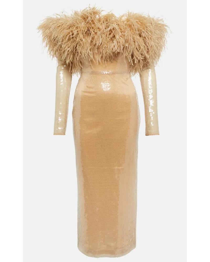 David Koma Abito midi con paillettes e piume Beige