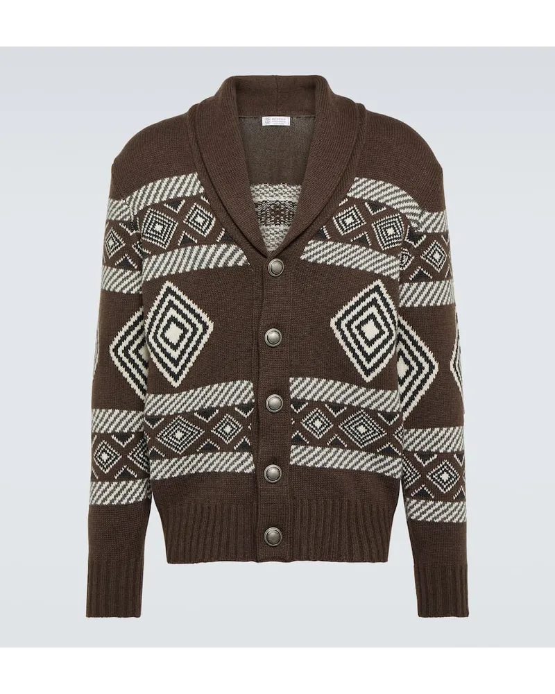 Brunello Cucinelli Cardigan in jacquard di cashmere Marrone