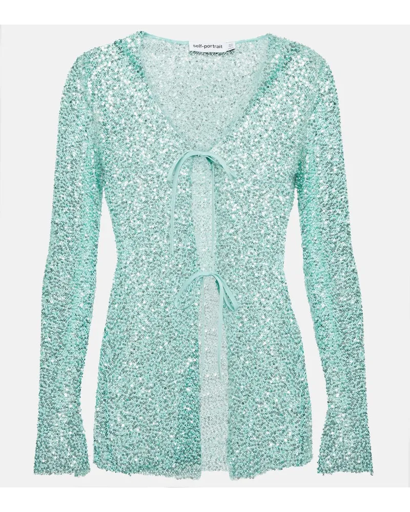 Self-Portrait Cardigan in mesh con paillettes Blu