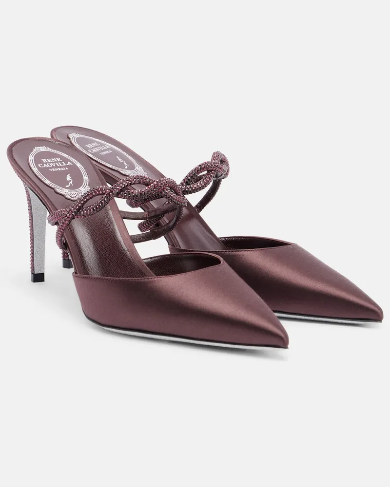 René Caovilla Mules in raso con cristalli Marrone