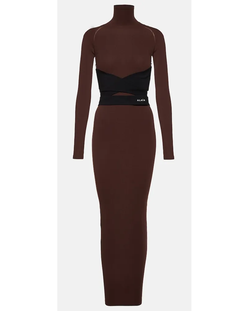 Alaïa AlaÃ¯a Abito lungo in jersey con collo alto e cintura Marrone