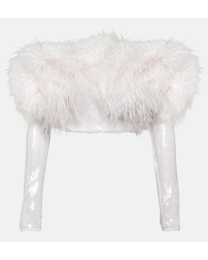 David Koma Top cropped con paillettes e piume Bianco
