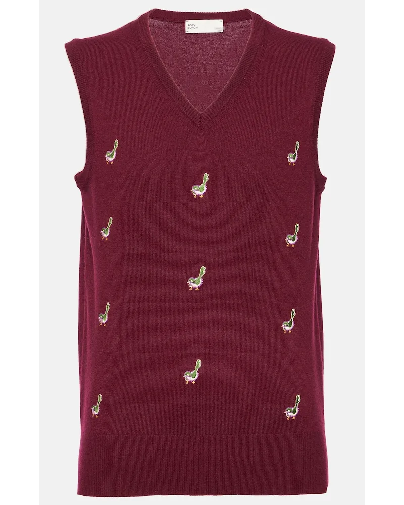 Tory Sport Gilet in cashmere con ricamo Marrone