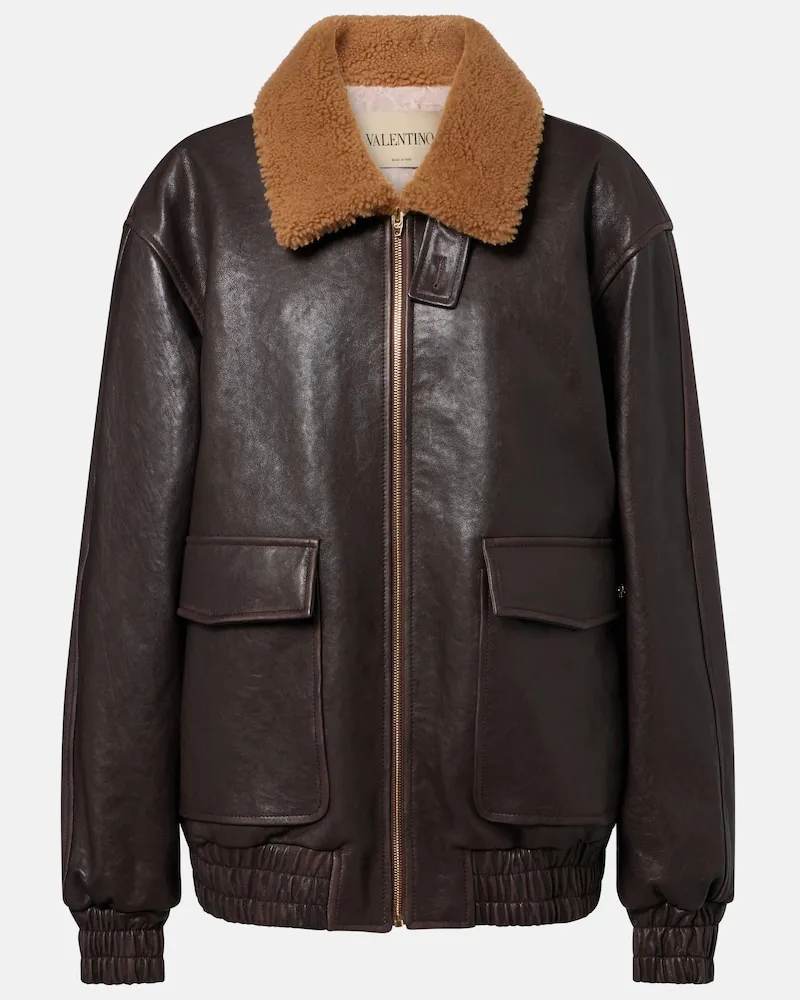 Valentino Garavani Bomber Caban in pelle con shearling Marrone