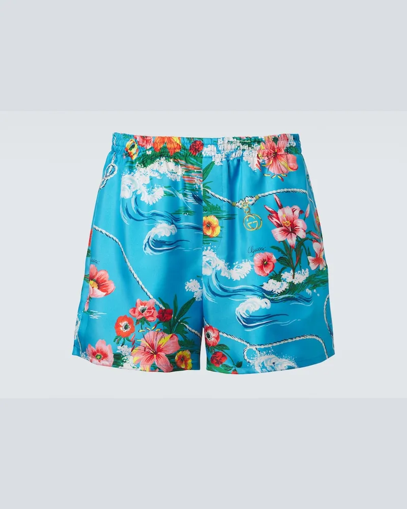 Gucci Shorts in twill di seta con stampa floreale Blu