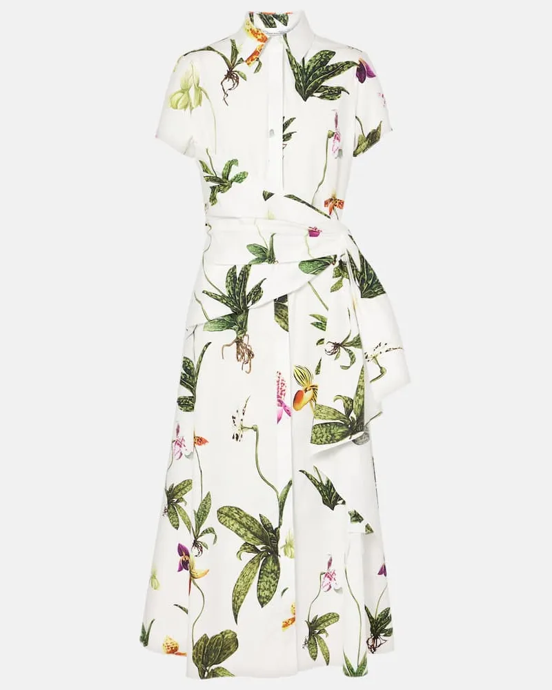Oscar de la Renta Abito midi Orchid in popeline con stampa Bianco