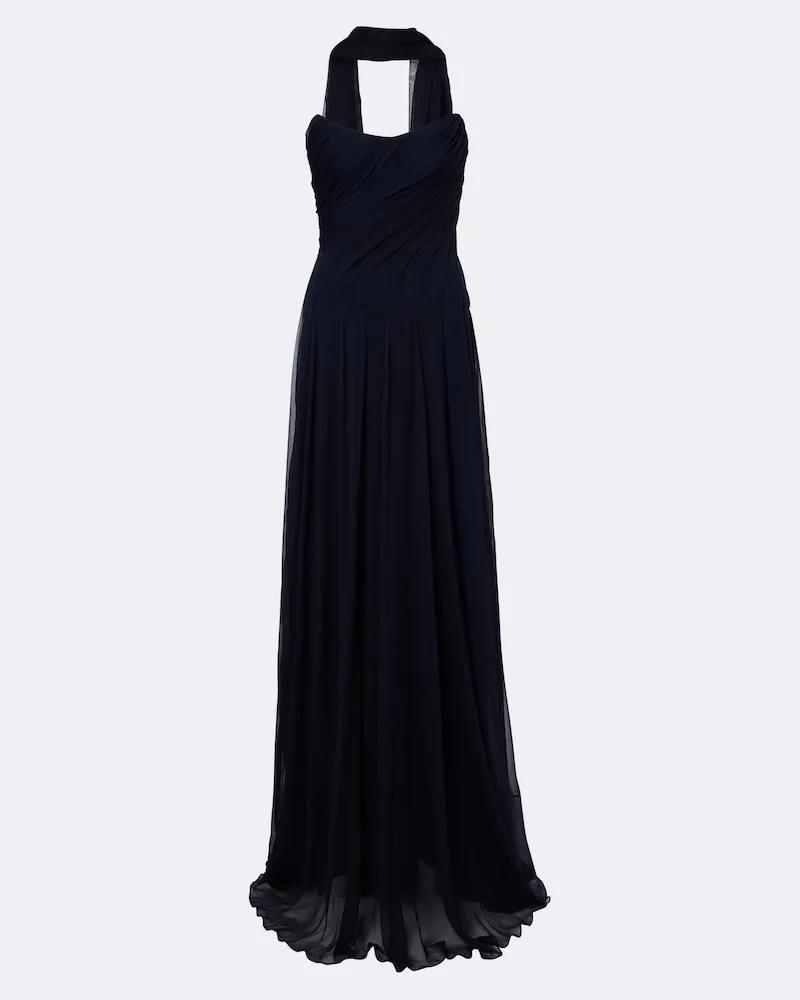 Monique Lhuillier Abito lungo bustier in seta con sciarpa Blu