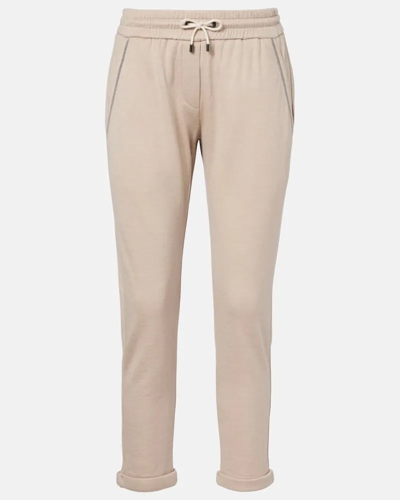 Brunello Cucinelli Pantaloni sportivi Monili in cotone e seta Beige