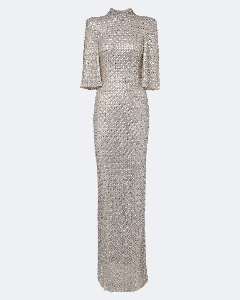 Jenny Packham Abito lungo Sedona in mesh Argento