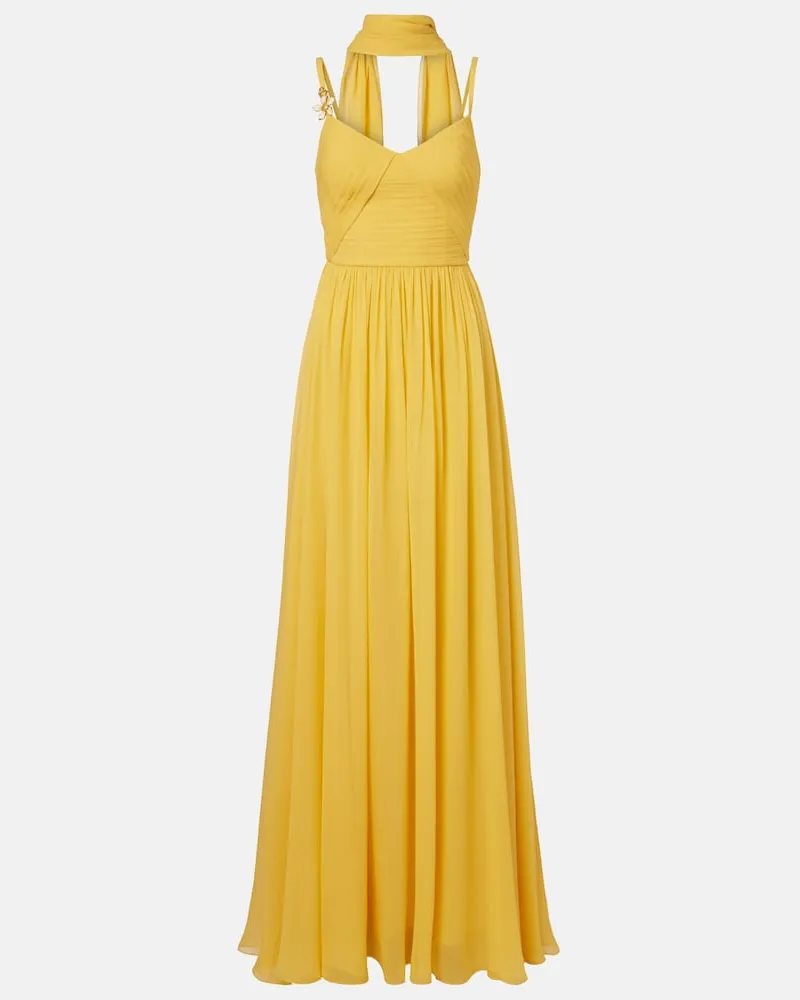 Elie Saab Abito lungo in seta con sciarpa Giallo