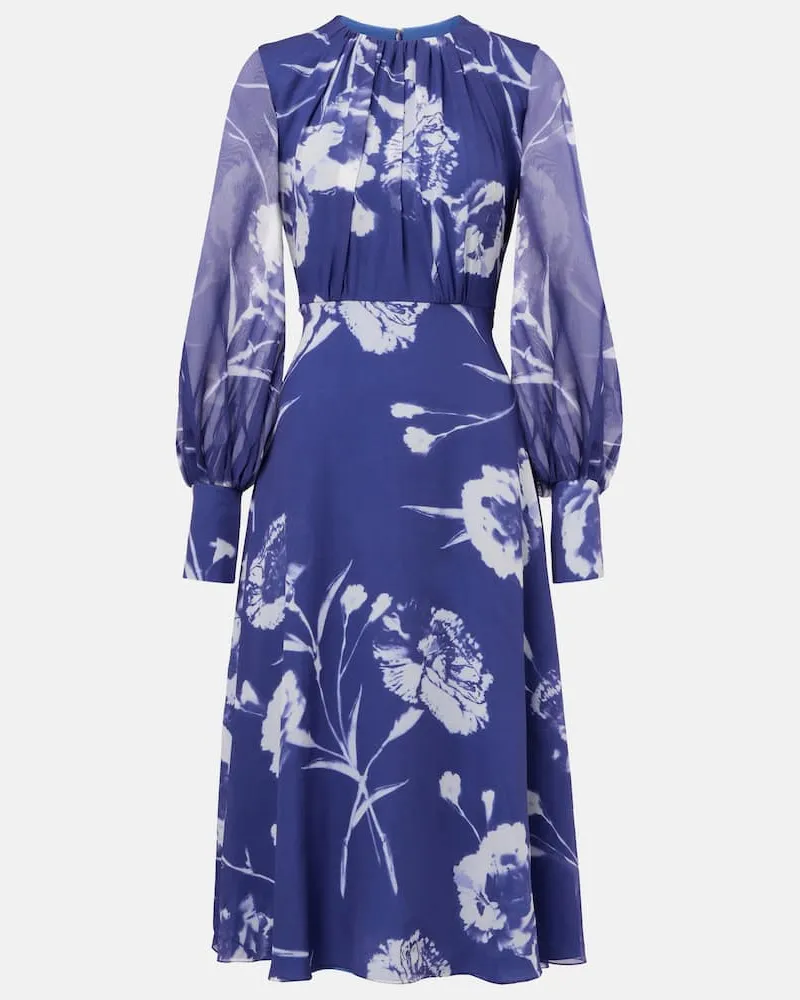 Erdem Abito midi in voile di seta con stampa Blu