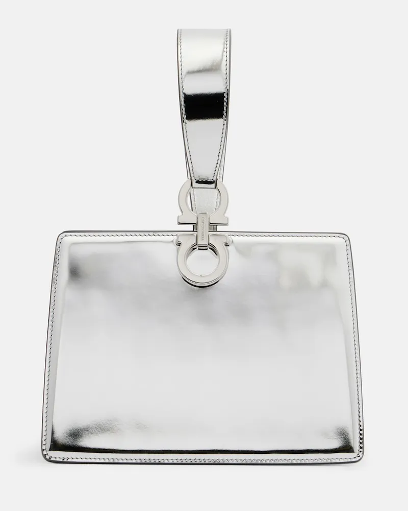 Ferragamo Clutch Gancini Small in pelle metallizzata Argento