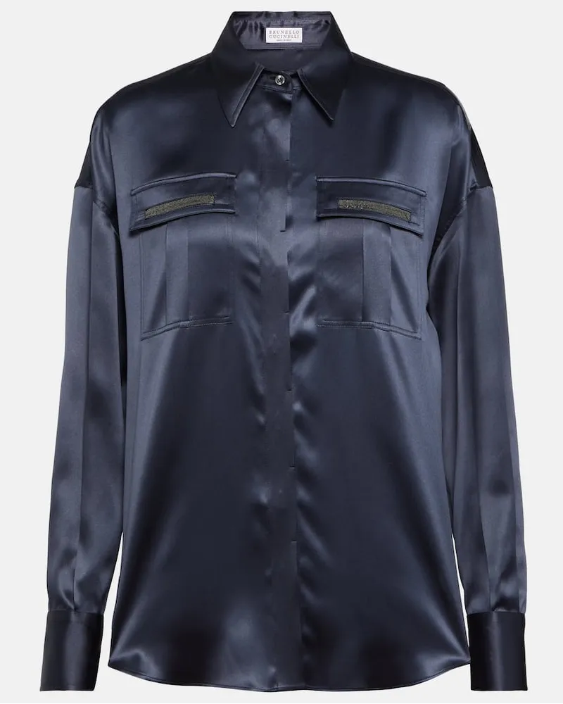 Brunello Cucinelli Camicia in raso di seta Blu