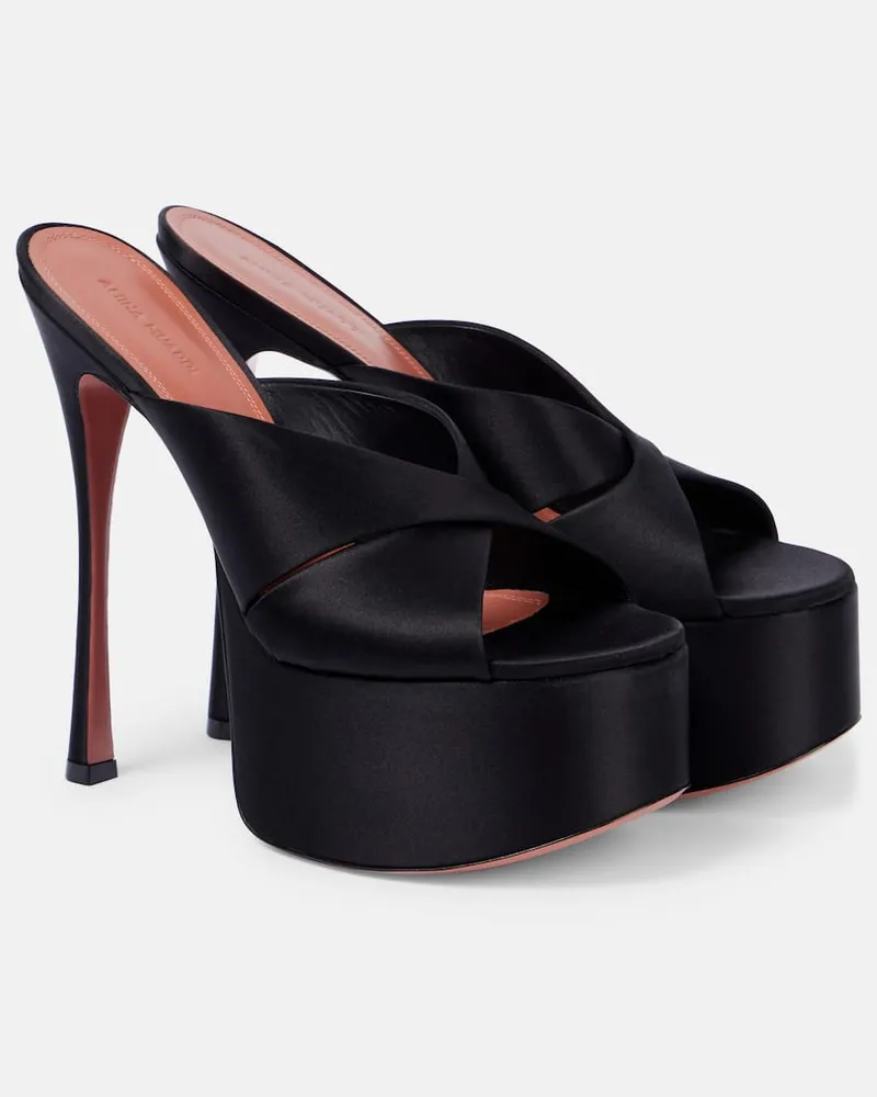 Amina Muaddi Mules Salma 155 in raso con plateau Nero