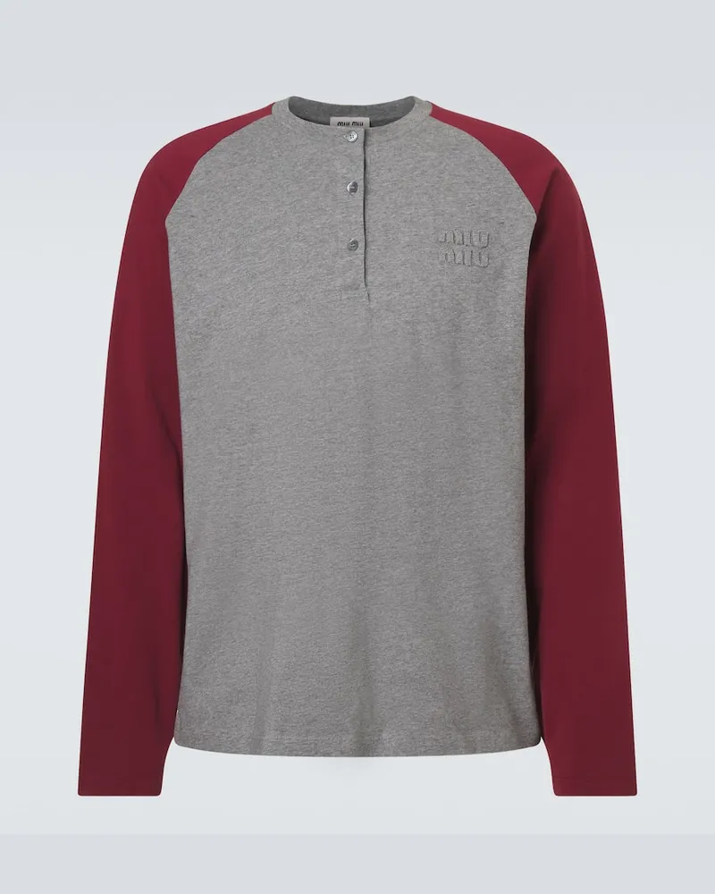 Miu Miu Top Henley in jersey di cotone con logo Grigio