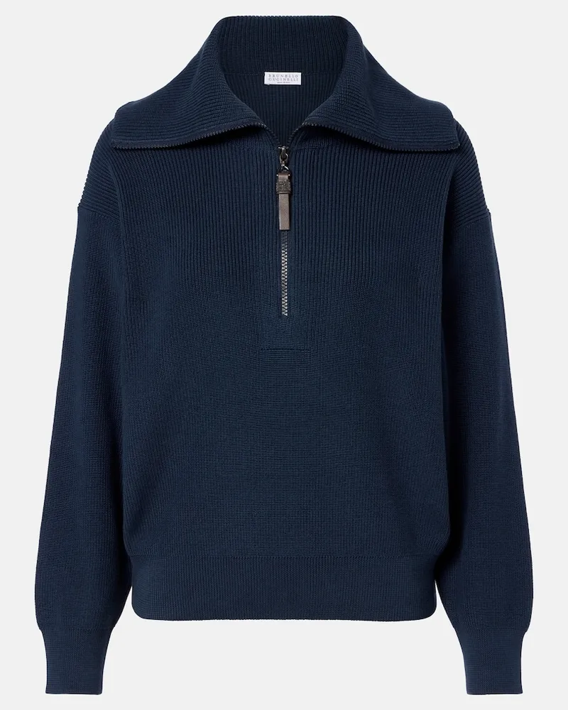 Brunello Cucinelli Pullover in cotone con mezza zip Blu
