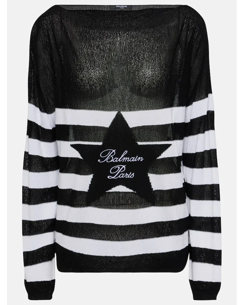 Balmain Pullover a righe con logo Nero