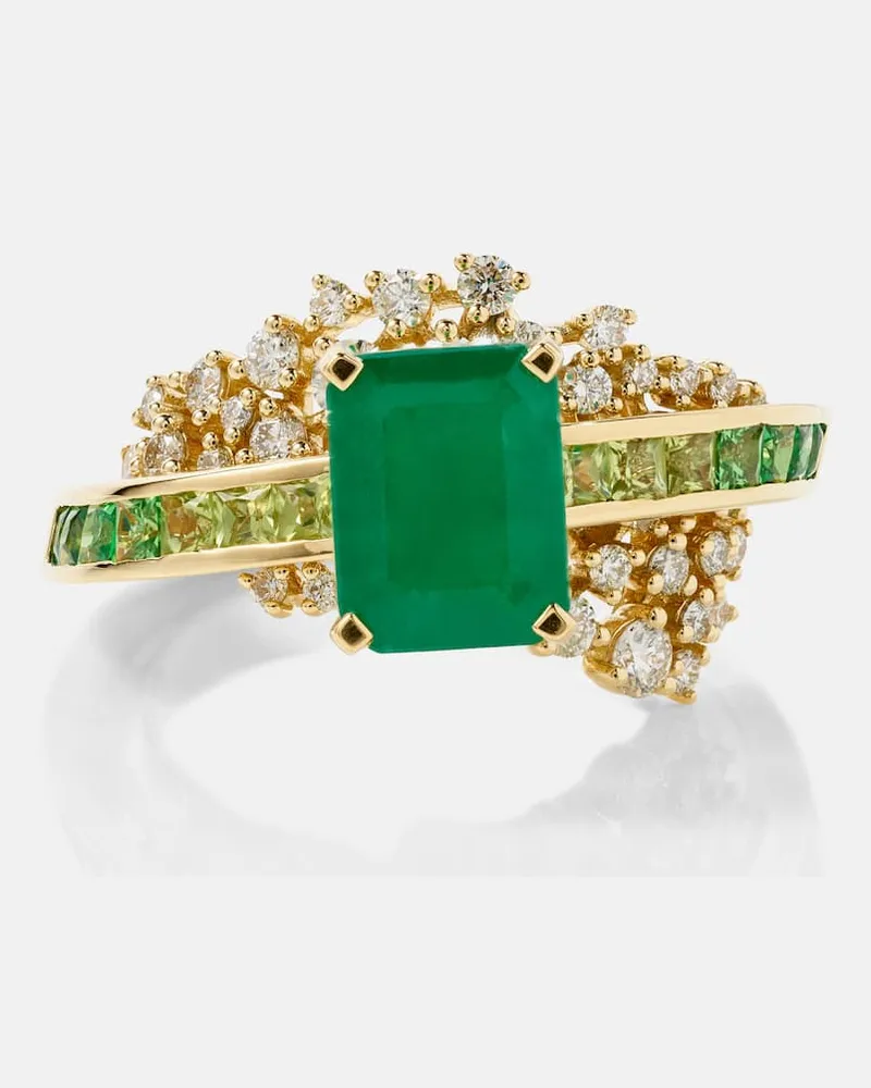 Ananya Anello Scatter Emerald Sphere in oro 18kt con diamanti e smeraldi Verde