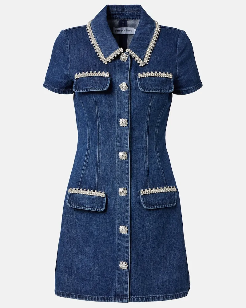 Self-Portrait Abito corto di jeans con cristalli Blu