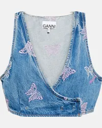 Ganni Top cropped di jeans con ricami Blu