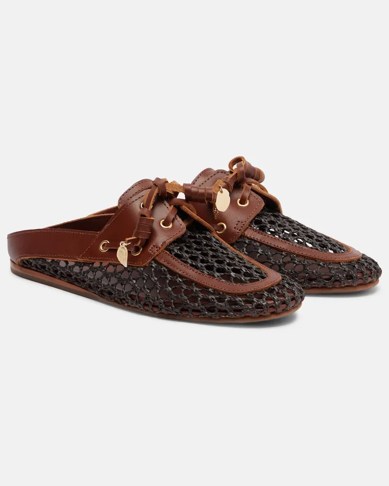 Ancient Greek Sandals Mules Naveta in pelle intrecciata Marrone