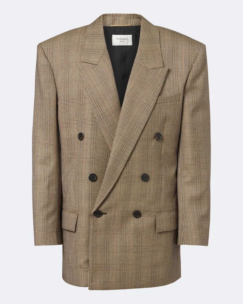 Saint Laurent Blazer doppiopetto in lana Principe di Galles Beige