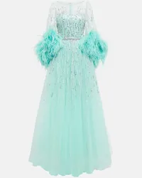 Jenny Packham Abito lungo Imani in tulle con piume e paillettes Turchese