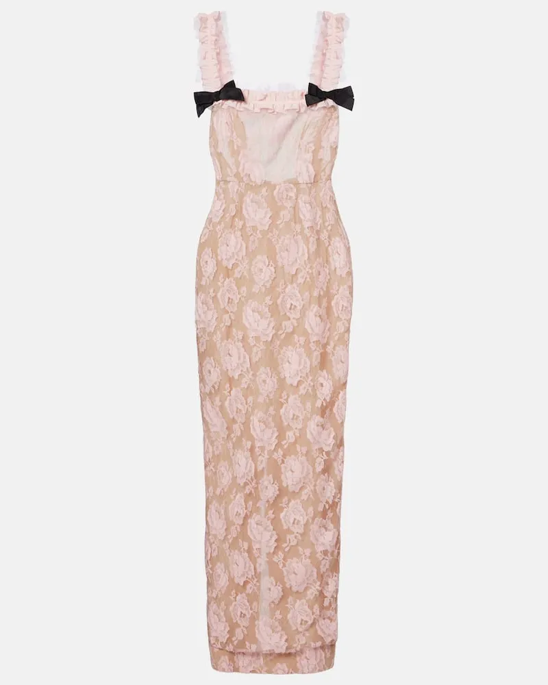 Alessandra Rich Abito lungo in pizzo di misto cotone con volant Rosa