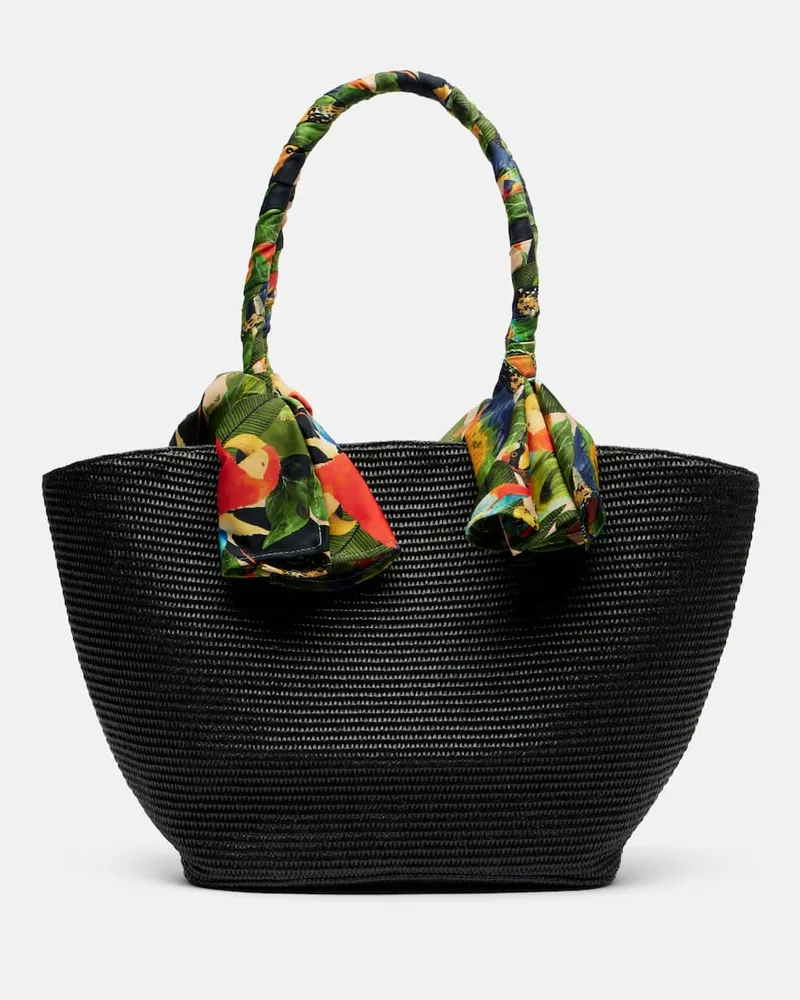 FARM Rio Borsa Basket Medium in rafia e seta Nero