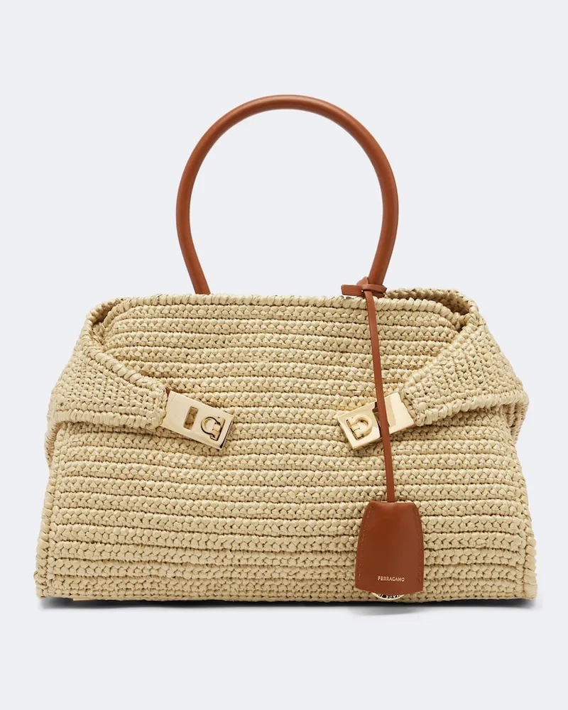 Ferragamo Borsa a spalla Hug Medium in rafia Beige