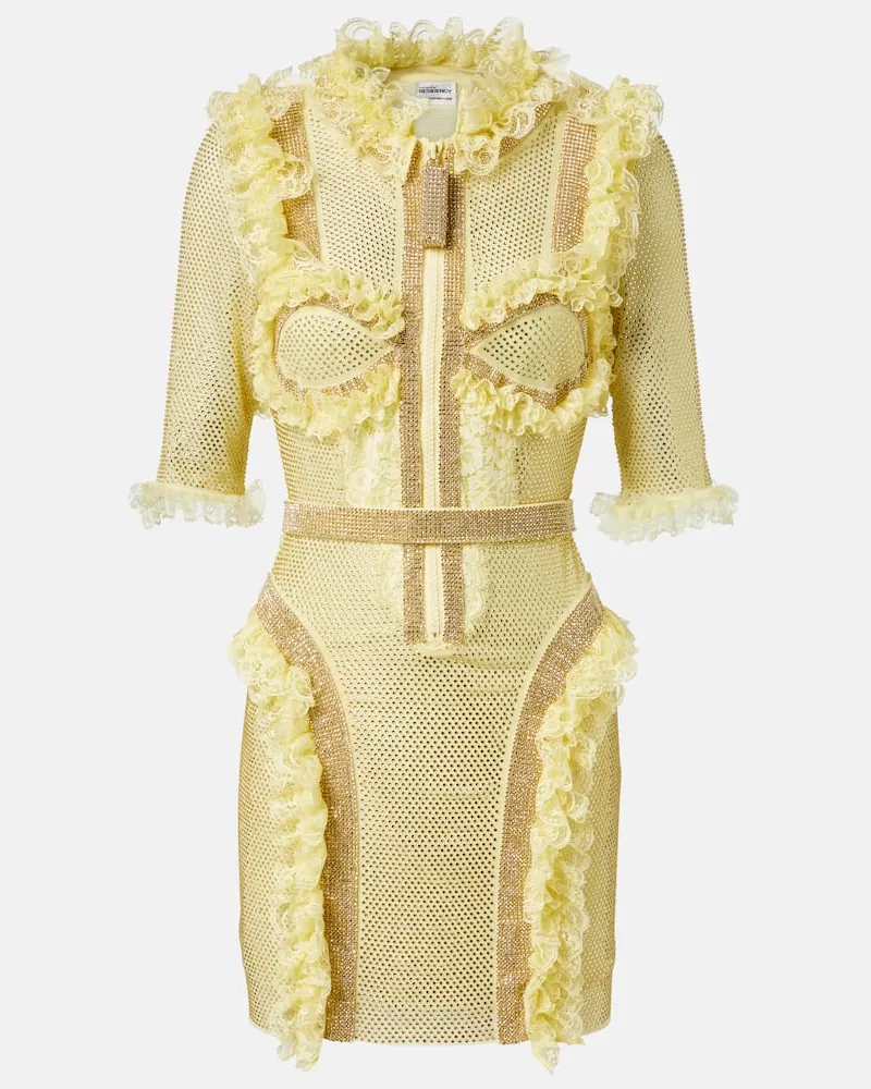 Self-Portrait x Christopher Kane - Abito corto in mesh con cristalli e pizzo Giallo