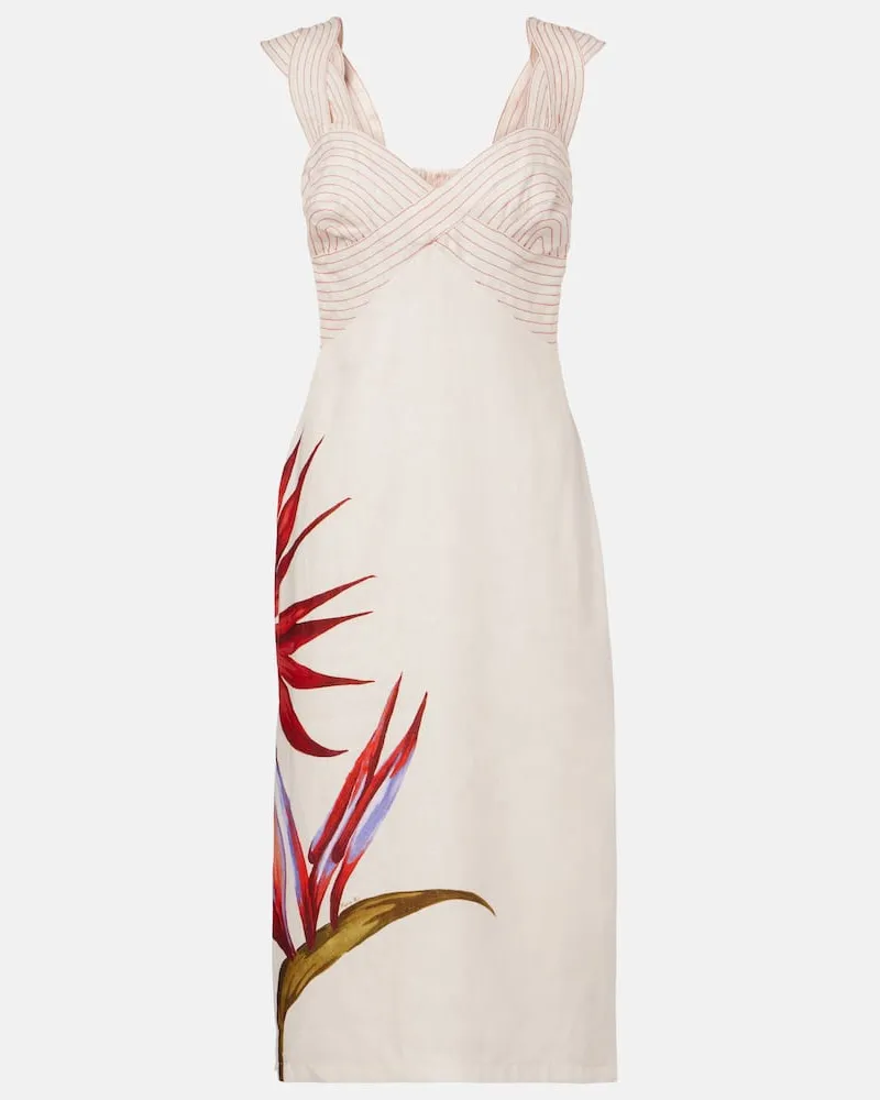 FARM Rio Abito midi in lino con stampa floreale Bianco