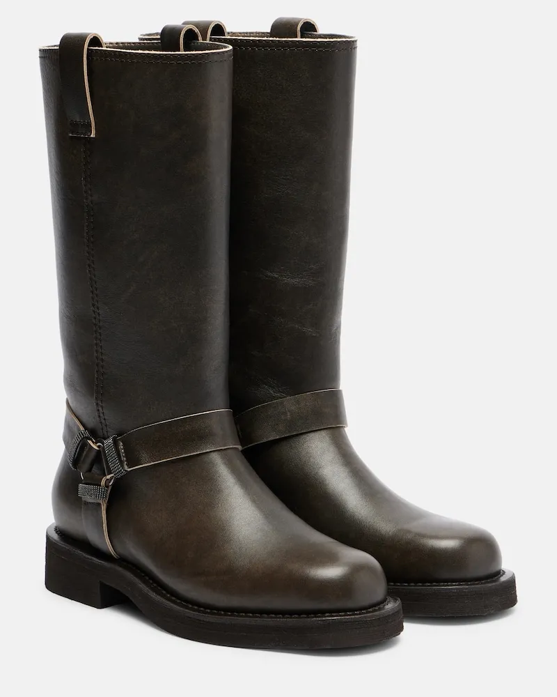 Brunello Cucinelli Stivali in pelle con monili Marrone