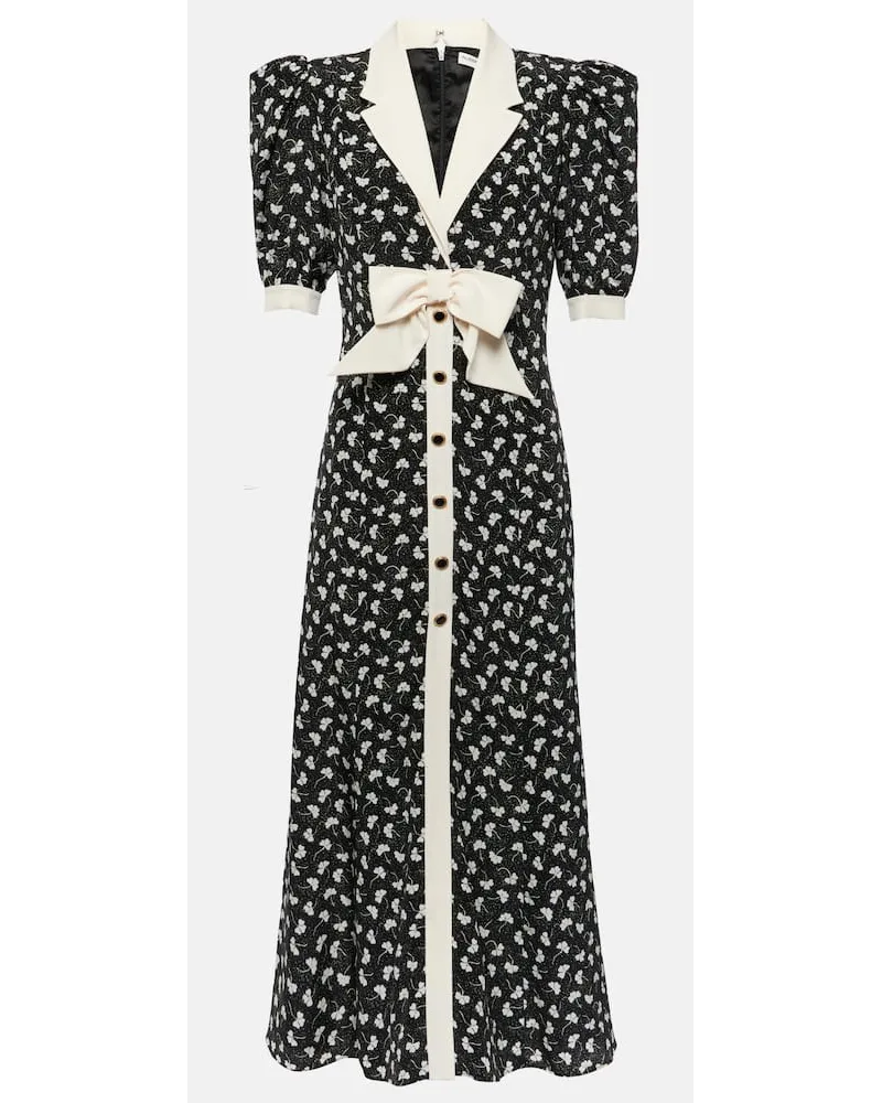 Alessandra Rich Abito midi in seta con stampa e fiocco Nero
