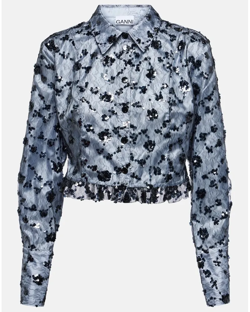 Ganni Camicia cropped in pizzo con paillettes Blu